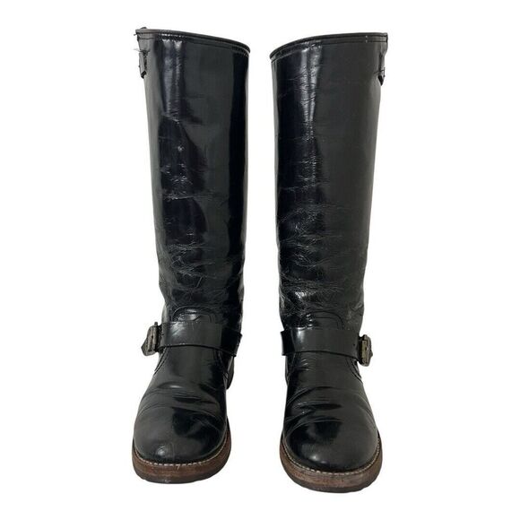 Frye Size 7 Veronica Slouch Tall Distressed Black Patent Leather Biker Boots - Picture 2 of 8